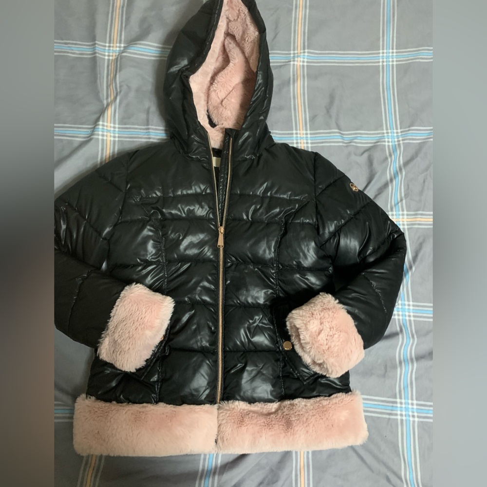 kids puffer jacket with pink fur